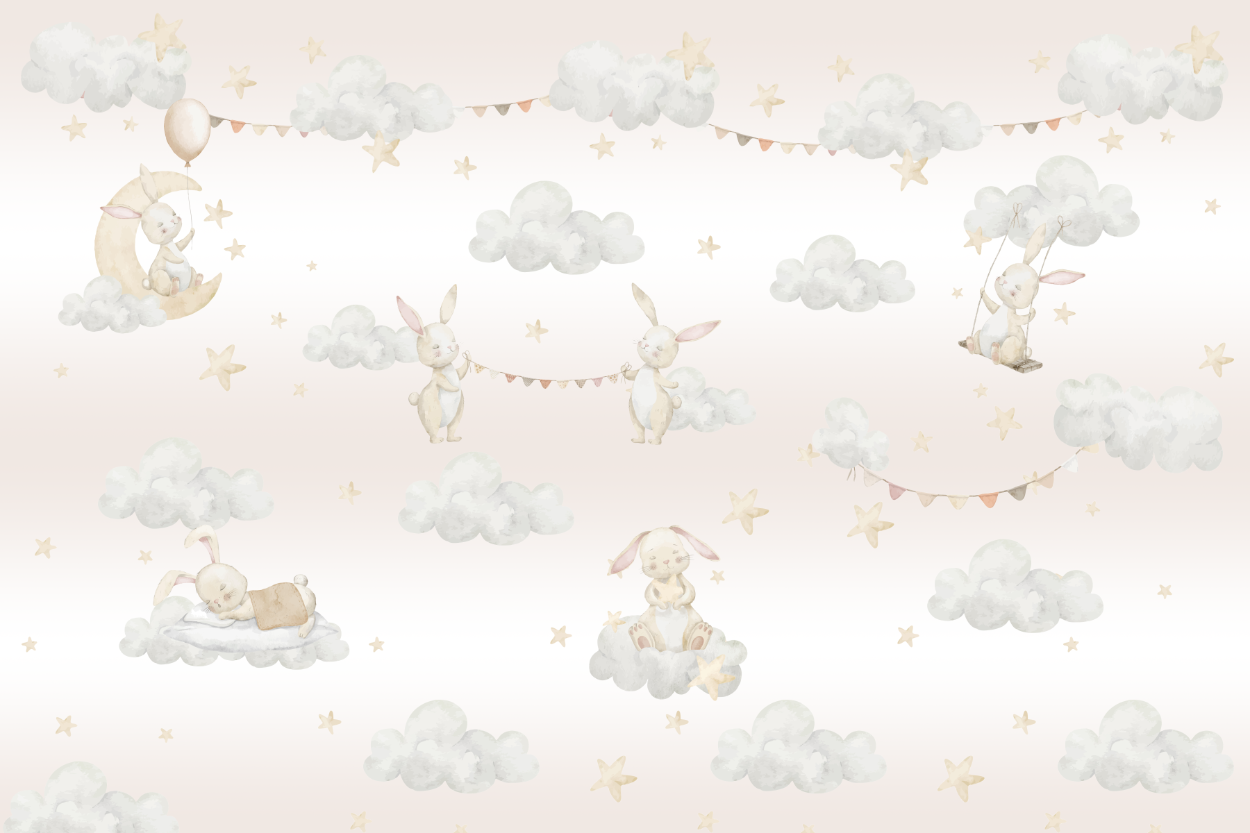 Dreamy Bunny Cloud Adventures Wall Mural