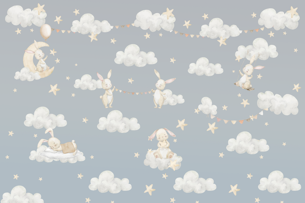 Dreamy Bunnies & Starry Clouds Wall Mural