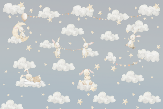 Dreamy Bunnies & Starry Clouds Wall Mural