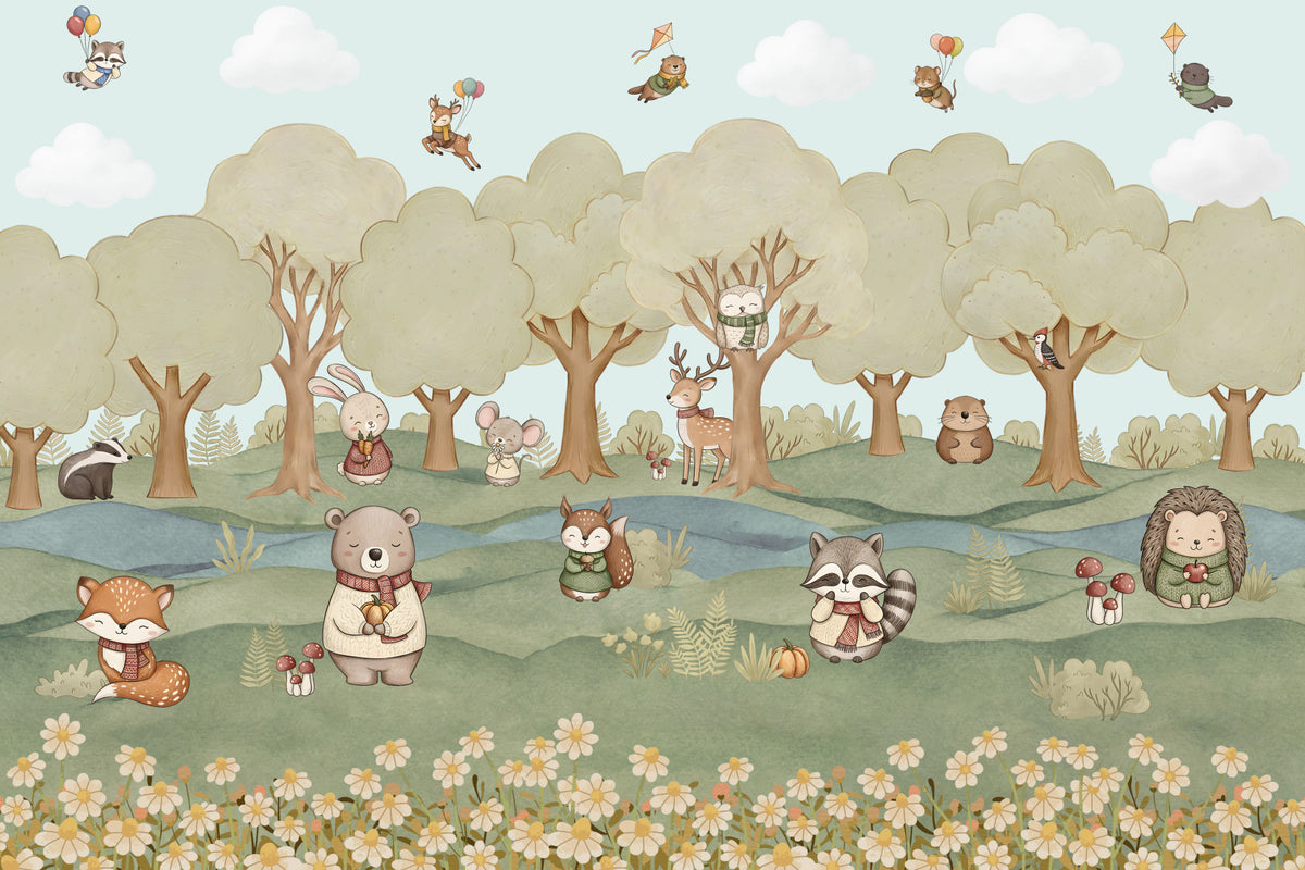Whimsical Woodland Friends Wall Mural in your room — zoomed