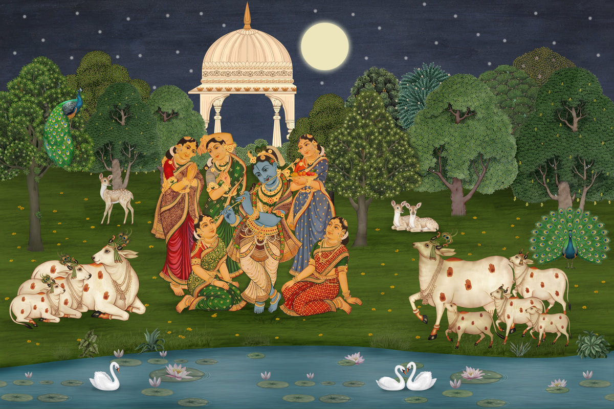 Divine Flute Vrindavan Moonlight Wall Mural in your room — zoomed