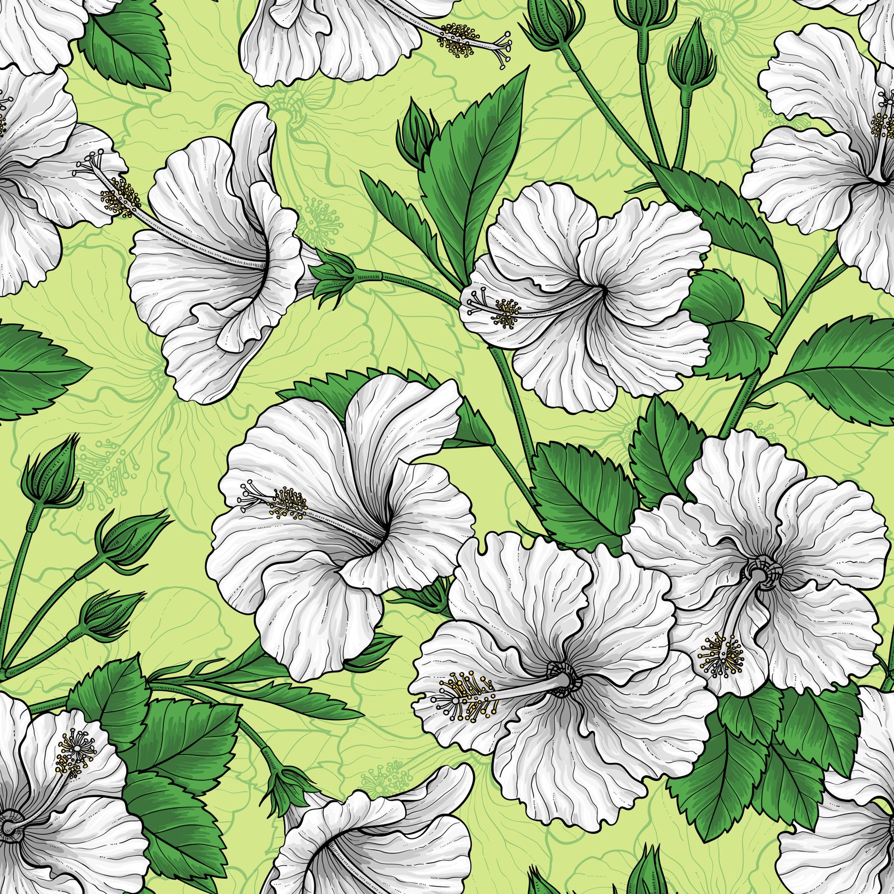 Vintage Hibiscus Botanical Floral Pattern - Tropical Hawaiian Aloha Summer Garden Print Wallpaper⁠