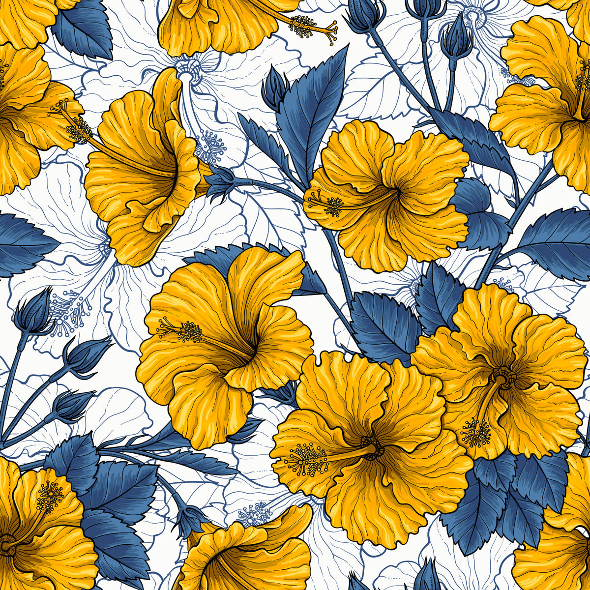 Vintage Hibiscus Botanical Floral Pattern .Tropical Hawaiian Aloha Summer Garden Print Wallpaper⁠