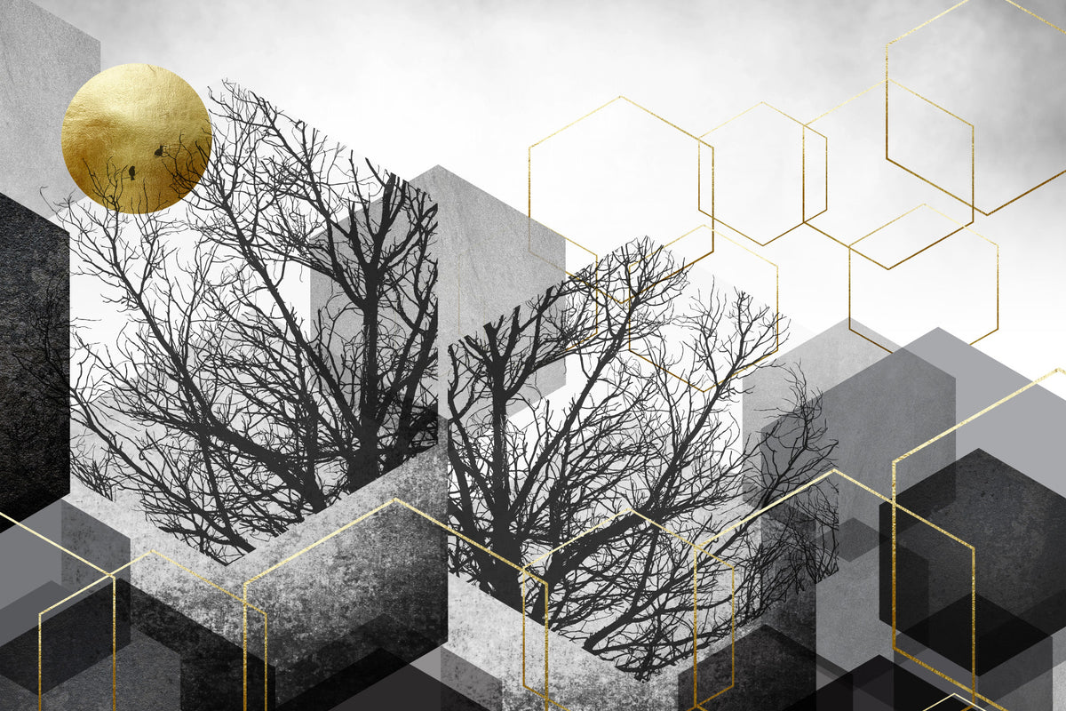 Gilded Geometry: Urban Forest Silhouette Wall Mural