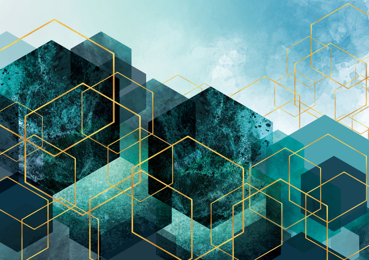 Geometric Teal Gold Glow Wall Mural