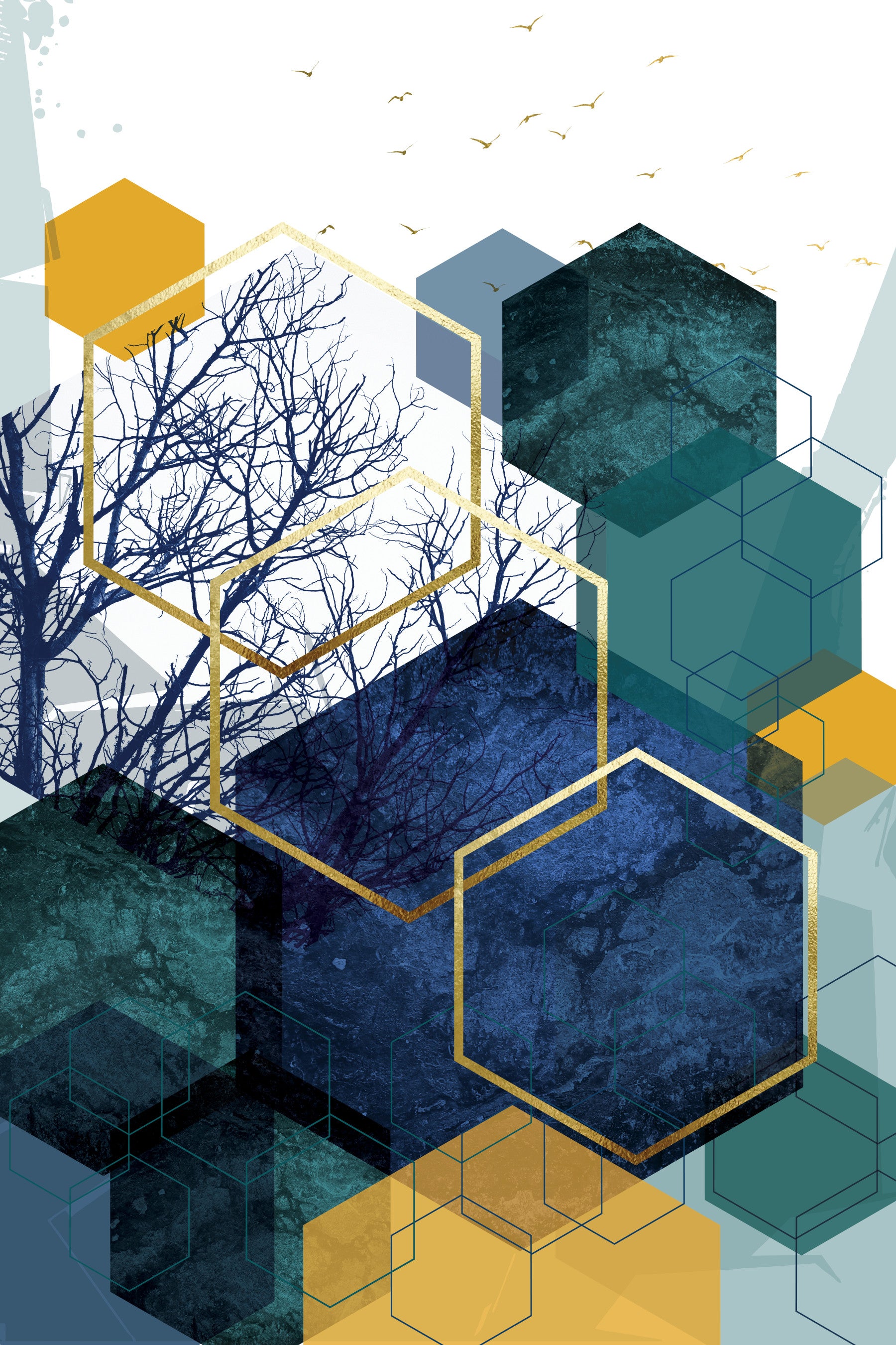 Golden Branch Geometry Wall Mural