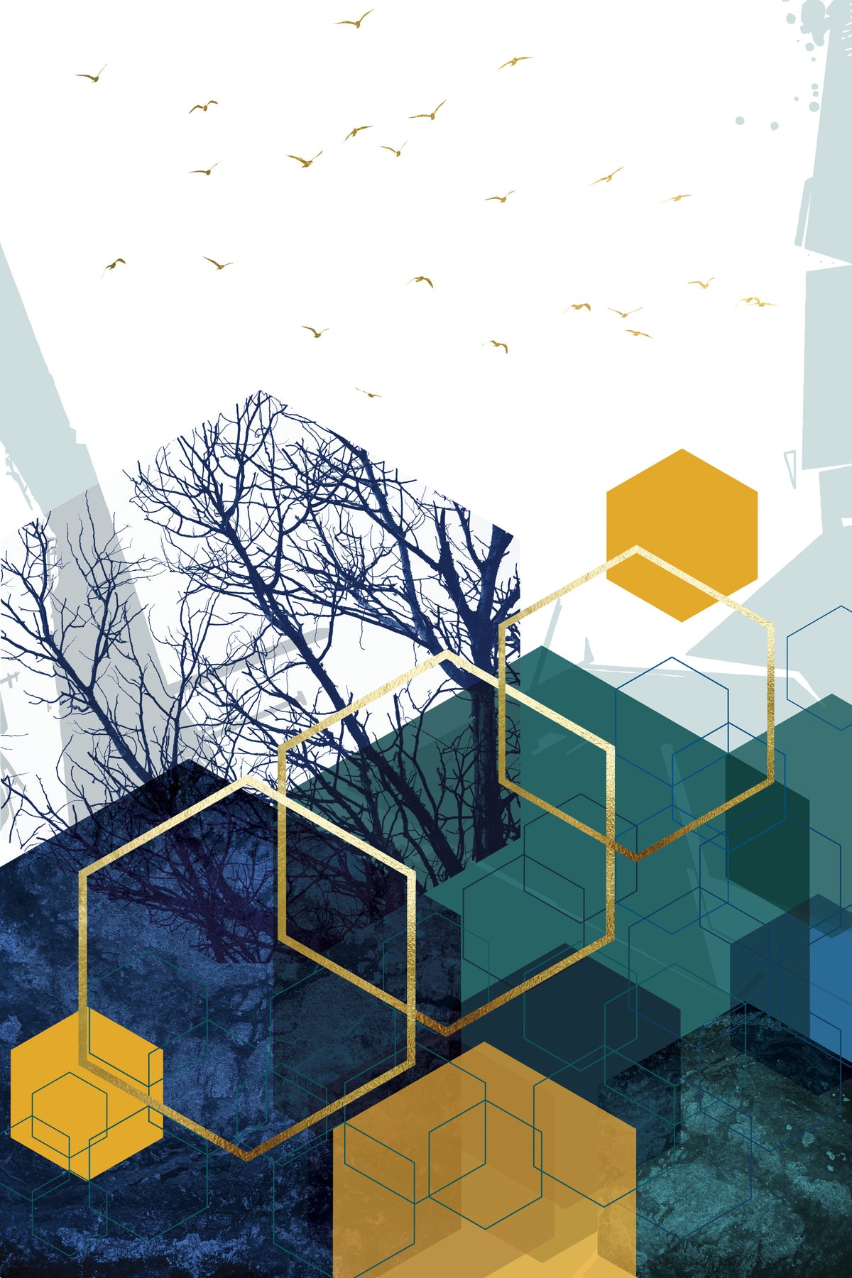 Azure Branches & Gold Hexes Wall Mural in your room — zoomed
