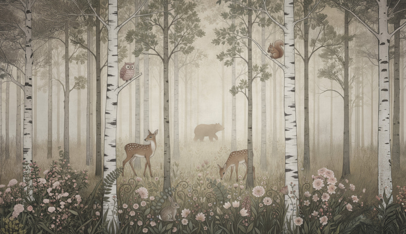 Forest Animals and Wildflowers – Misty Day Wall Mural