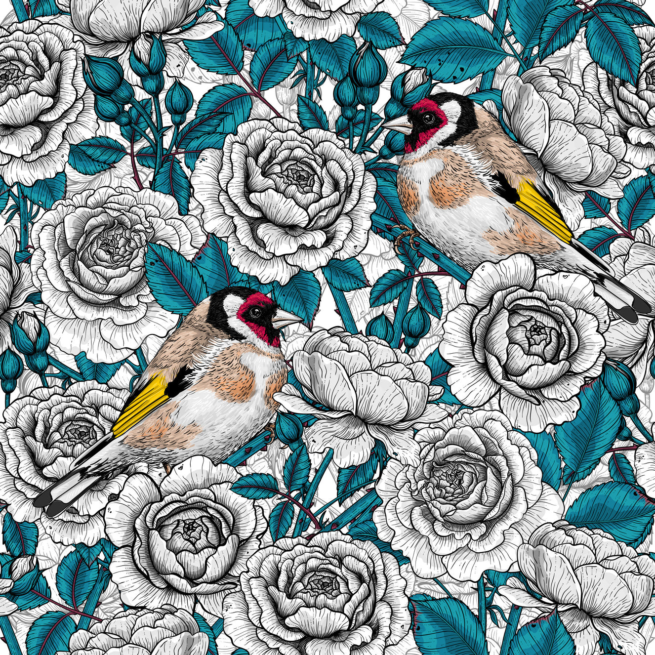 Goldfinch & White and  Teal Rose Garden Wallpaper⁠