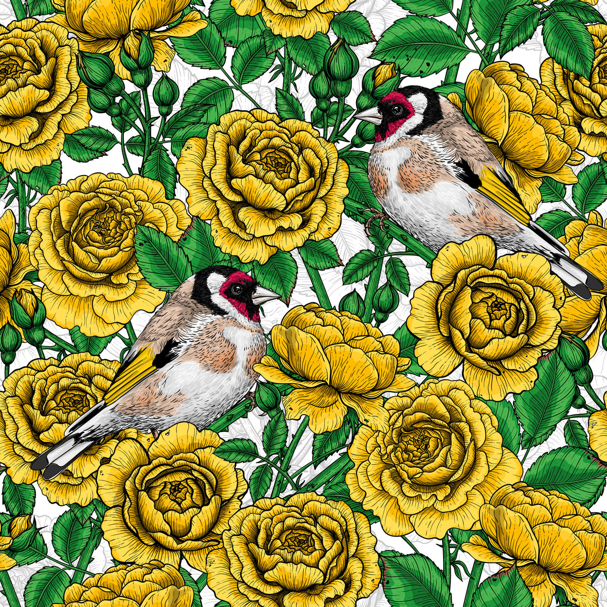 Golden Roses & Goldfinches Wallpaper⁠ in your room — zoomed