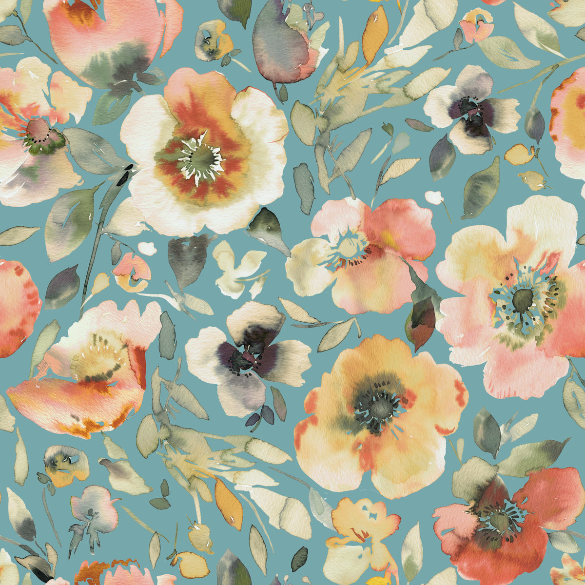 Soft Watercolor Floral Blooms Teal Peach Wallpaper⁠