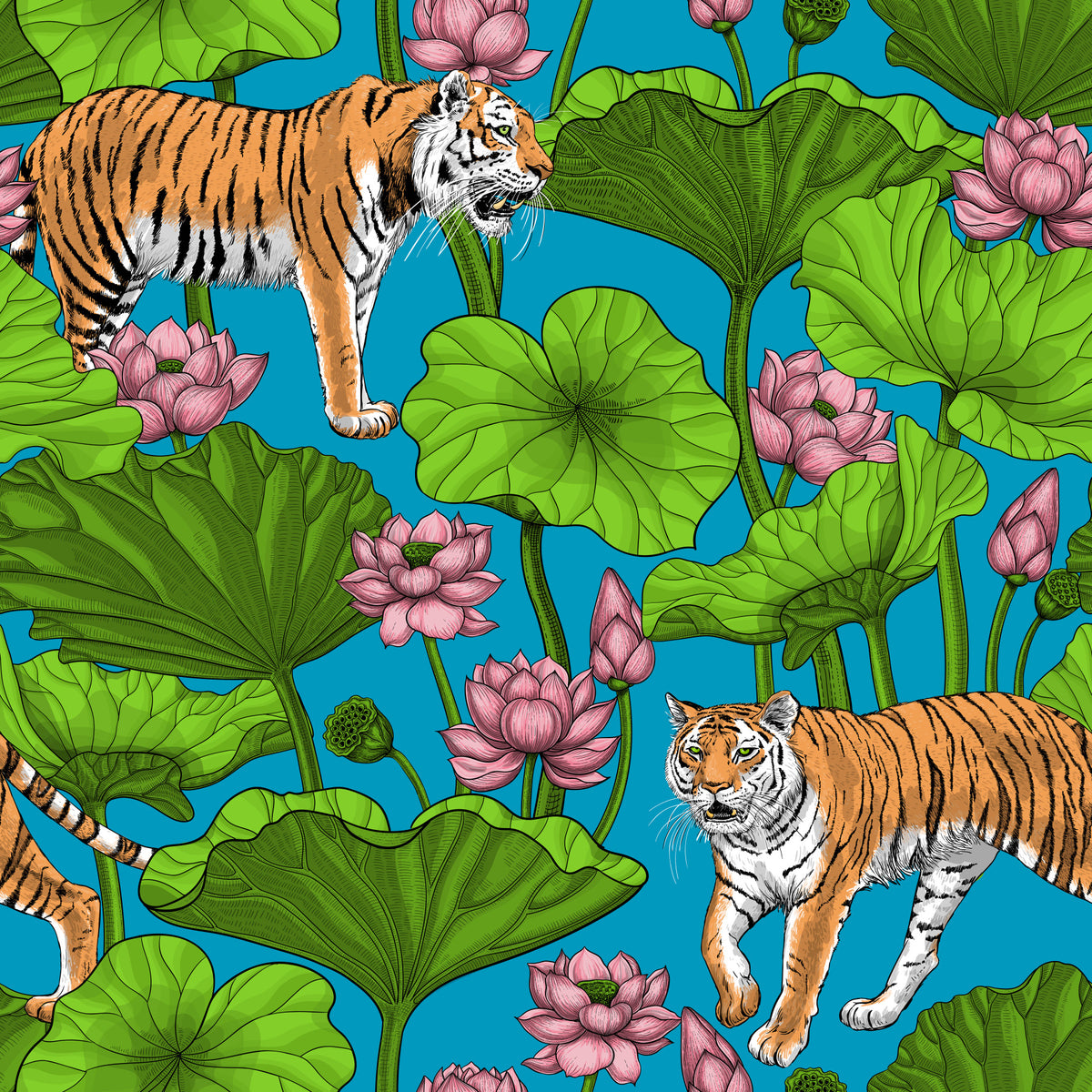 Tigers in the lotus pond Wallpaper⁠ in your room — zoomed