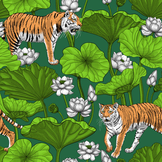 Tigers in the lotus pond in green and white Wallpaper⁠
