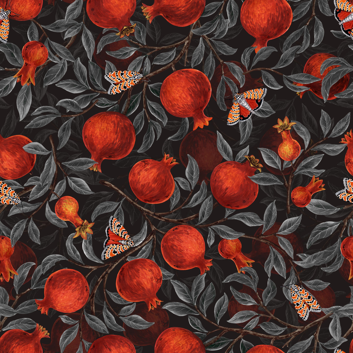 Crimson Pomegranates & Moths Wallpaper⁠