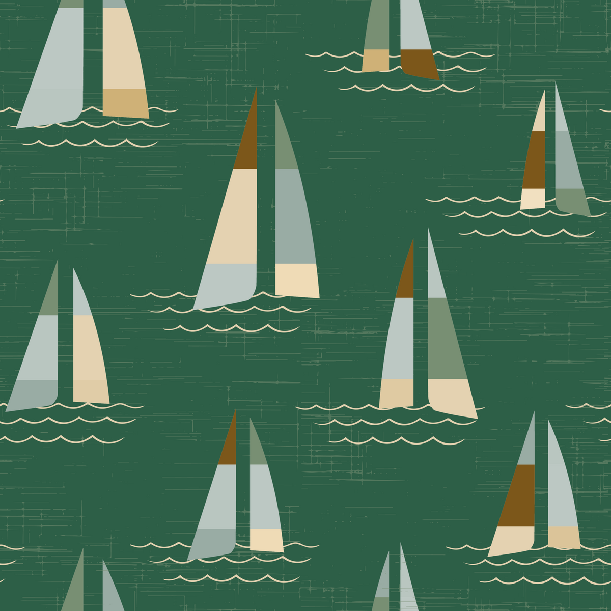 Mid Century Sailboats Coastal Green Wall Mural in your room — zoomed