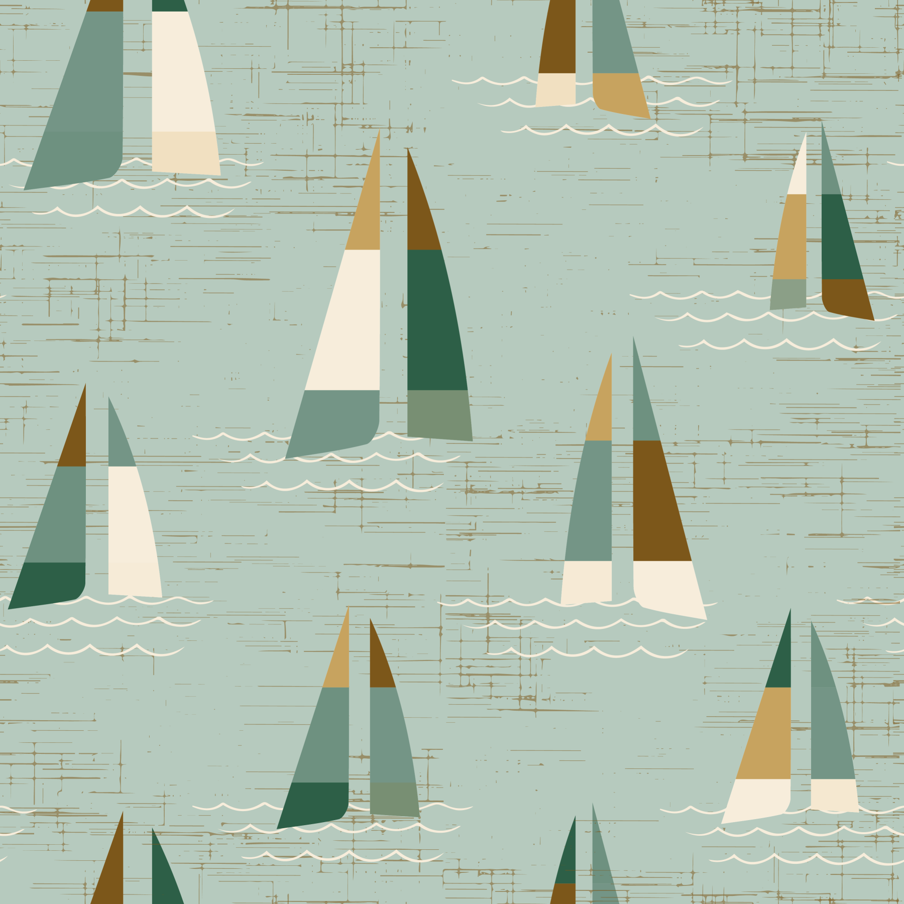 Mid Century Sailboats Coastal Sage Wall Mural