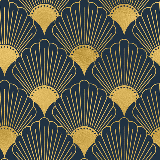 Opulent Deco Shell Navy & Gold Wallpaper