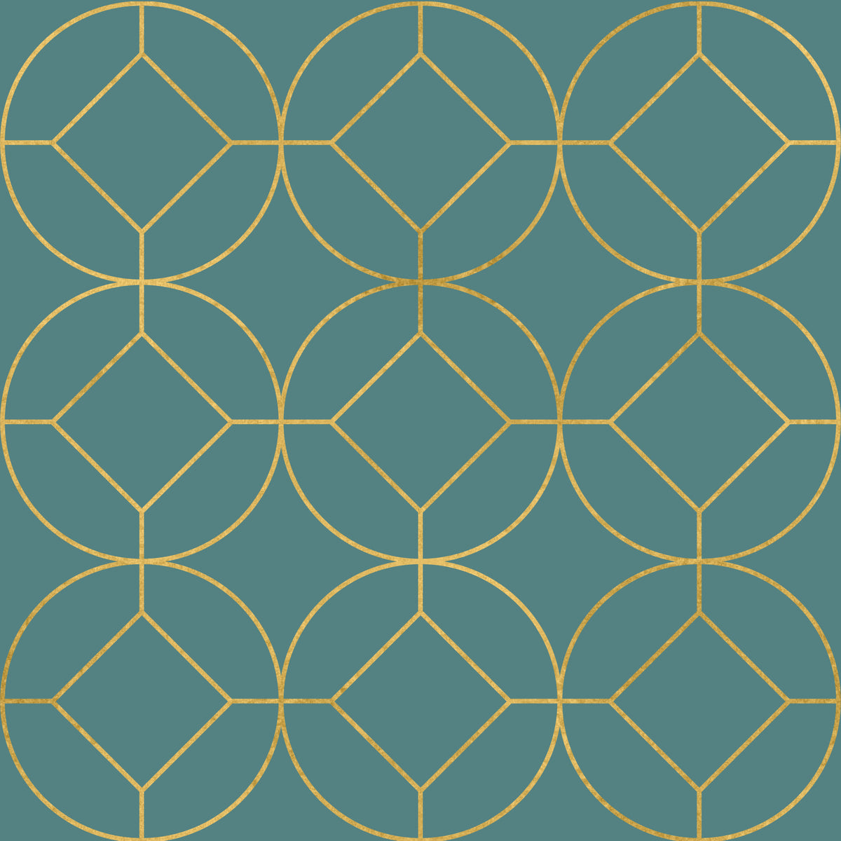 Teal and Gold Art Deco Geometric Wallpaper in your room — zoomed