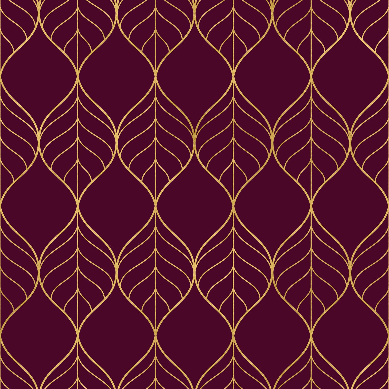 Elegant Burgundy and Gold Art Deco Leaf Wallpaper