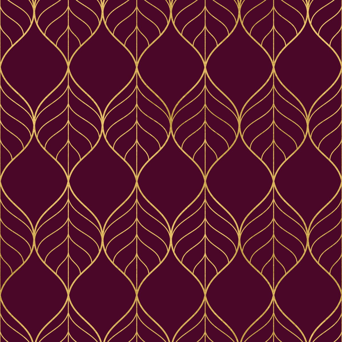 Elegant Burgundy and Gold Art Deco Leaf Wallpaper in your room — zoomed