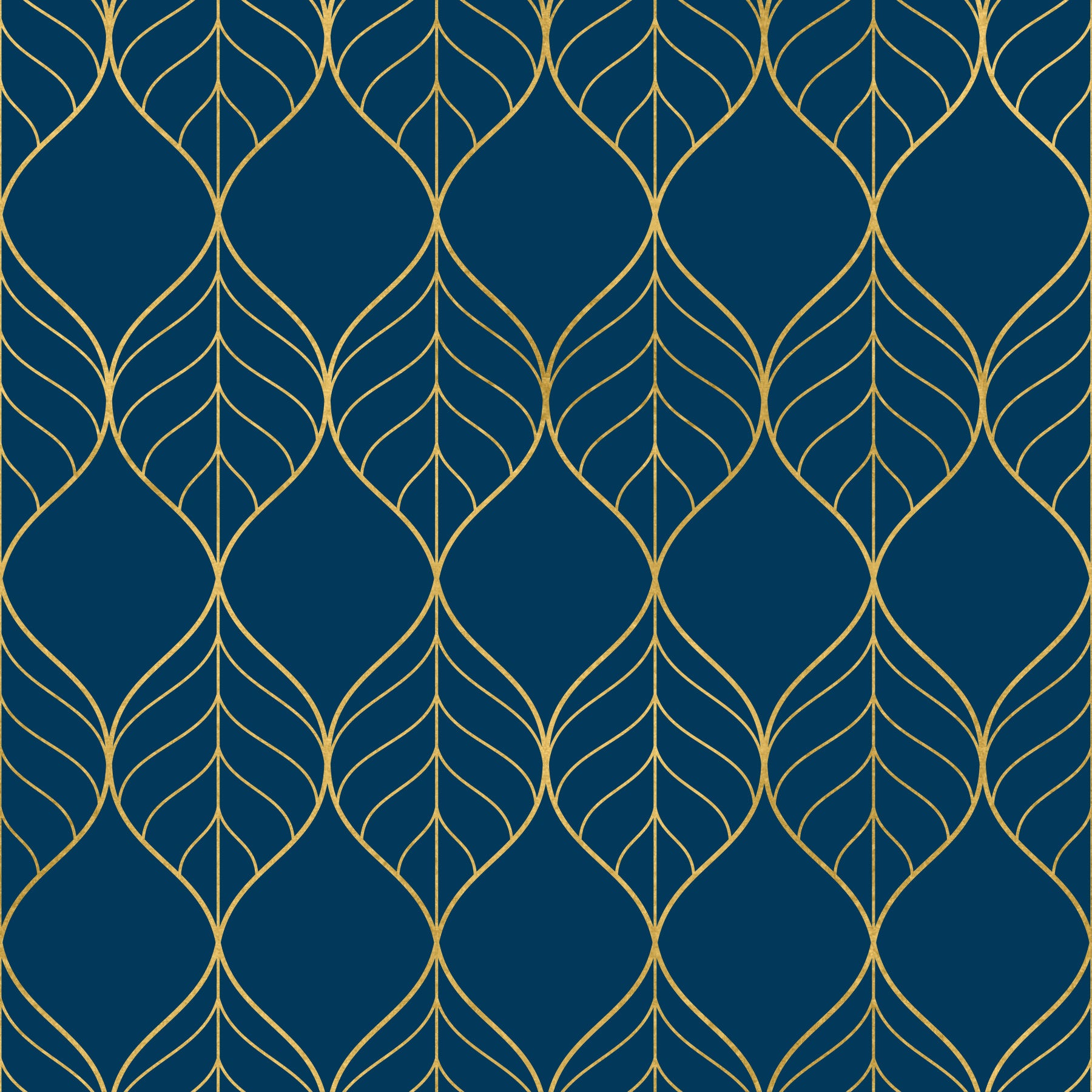 Gilded Art Deco Leaves Navy Wallpaper in your room — zoomed