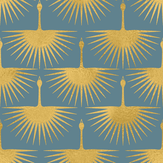 Art Deco Golden Cranes Duck Egg Blue Wallpaper