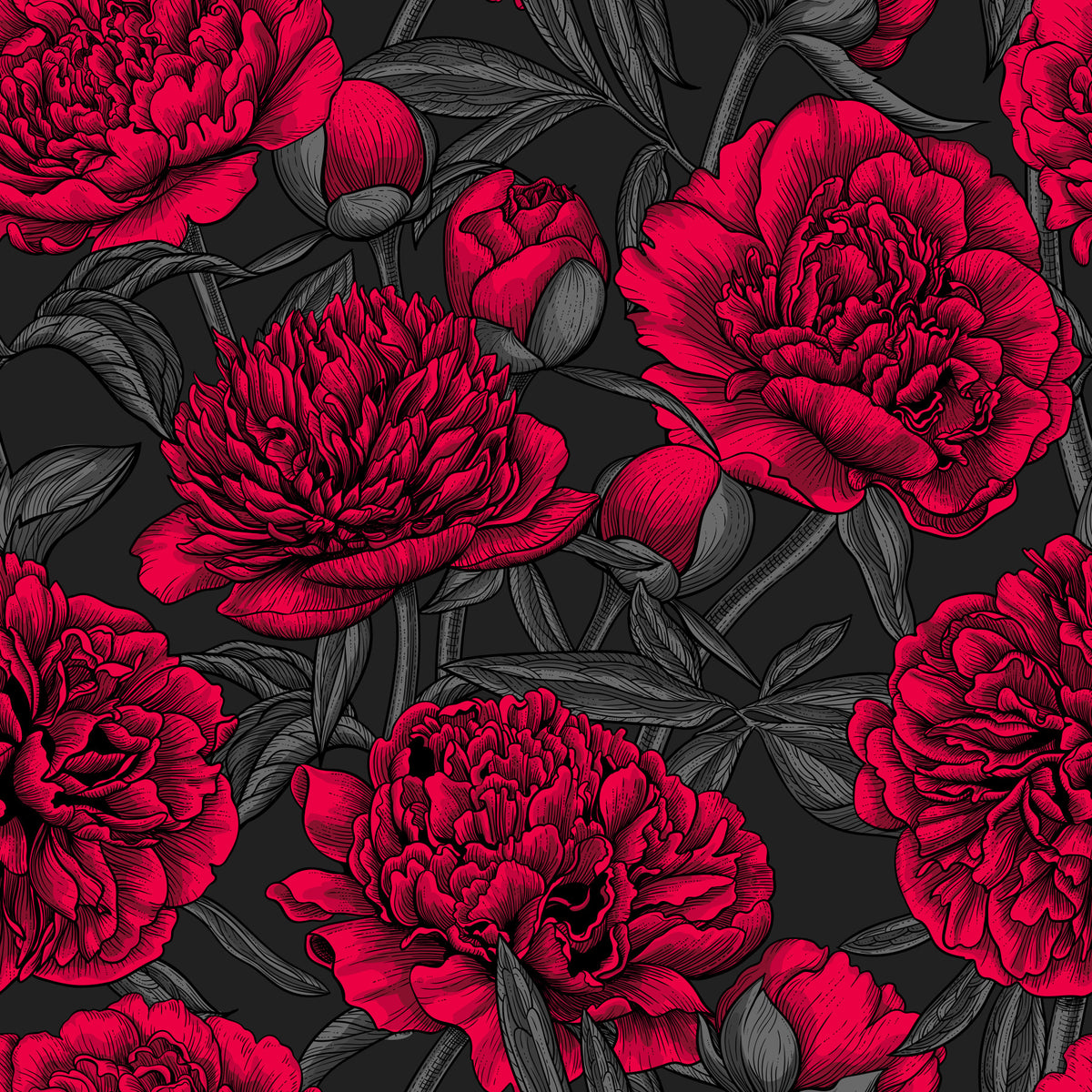Midnight Crimson Peony Dark Floral Wallpaper