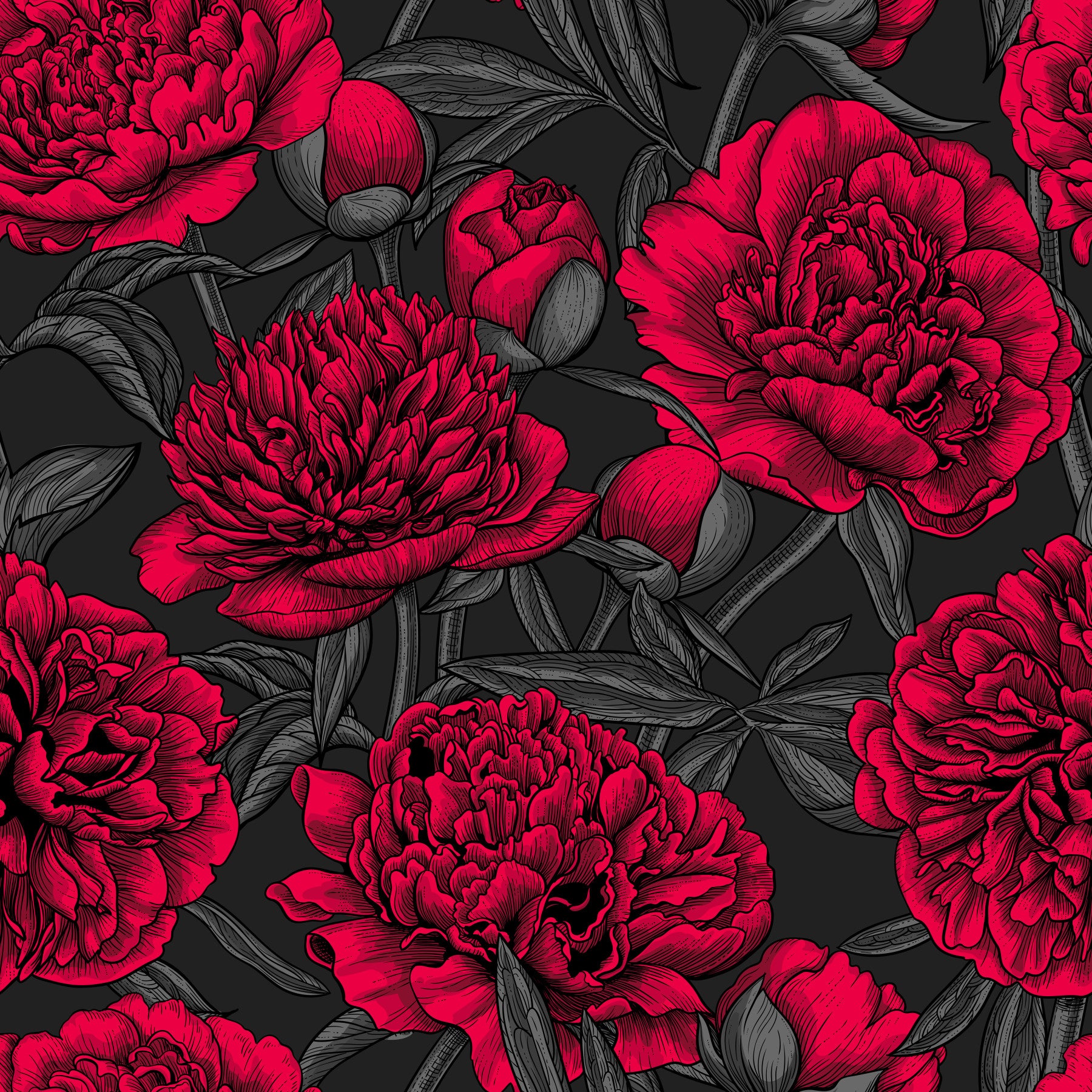 Midnight Crimson Peony Dark Floral Wallpaper
