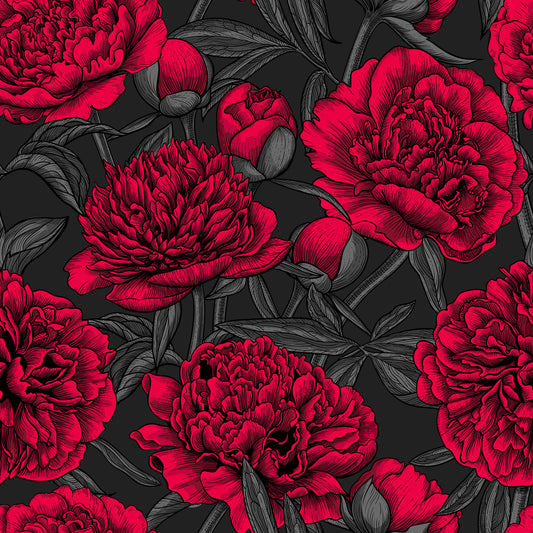 Midnight Crimson Peony Dark Floral Wallpaper