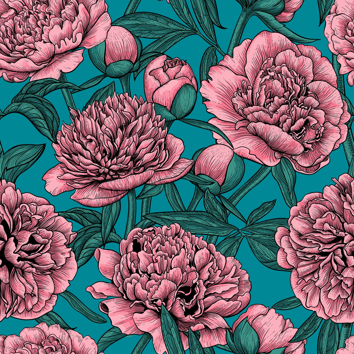 Romantic Teal Peony Botanical Wallpaper in your room — zoomed