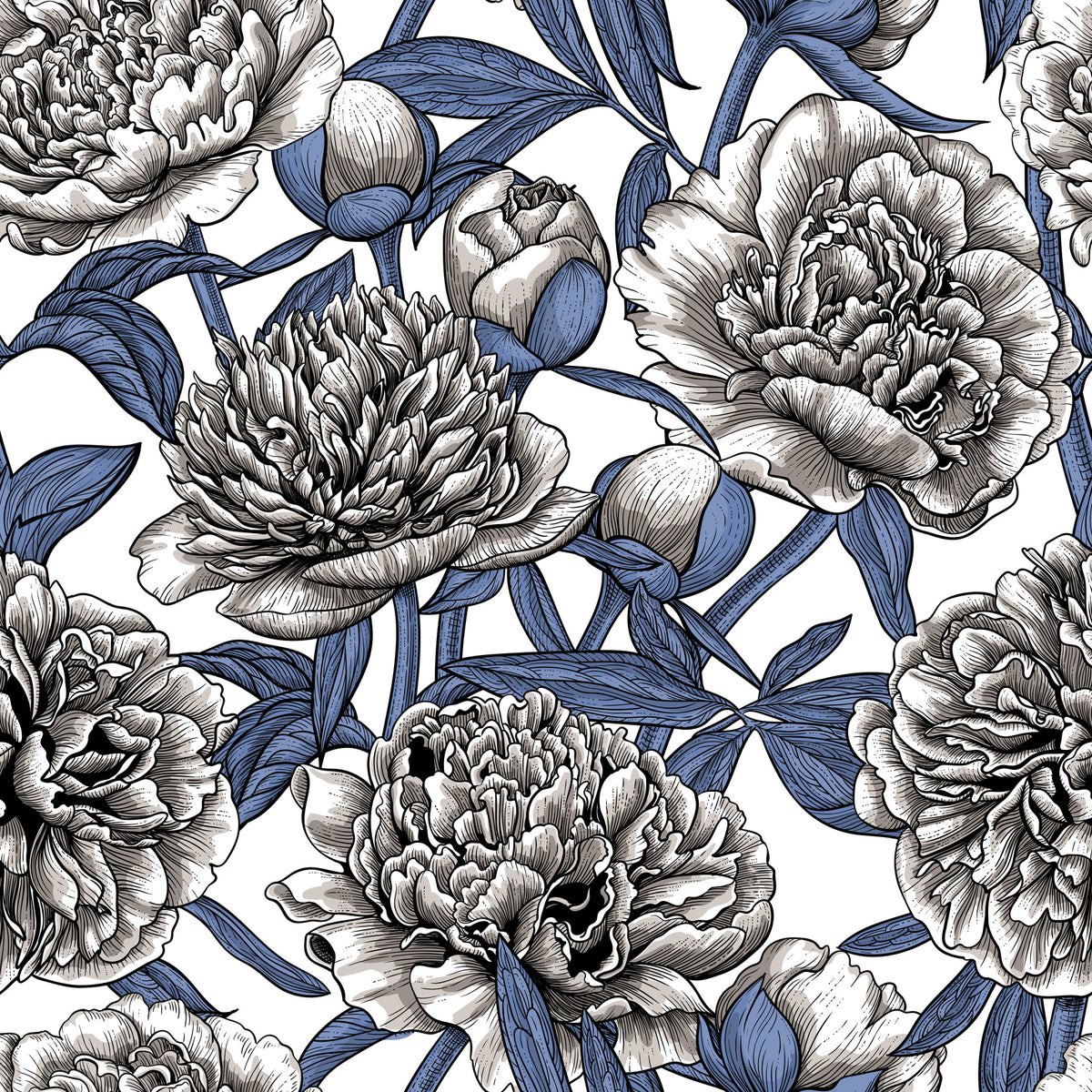 Vintage Blue and Cream Engraved Peonies Wallpaper in your room — zoomed