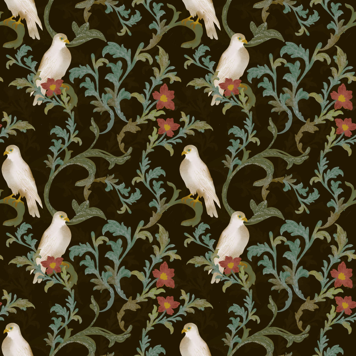 Midnight Forest Birds and Floral Scroll Wallpaper