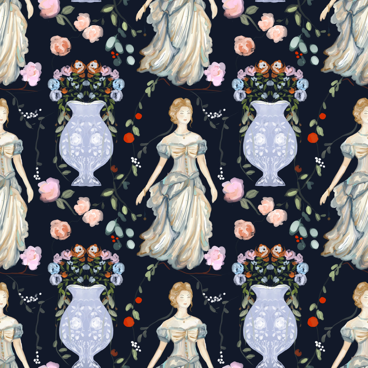 Vintage Elegance Renaissance Gown Floral Wallpaper