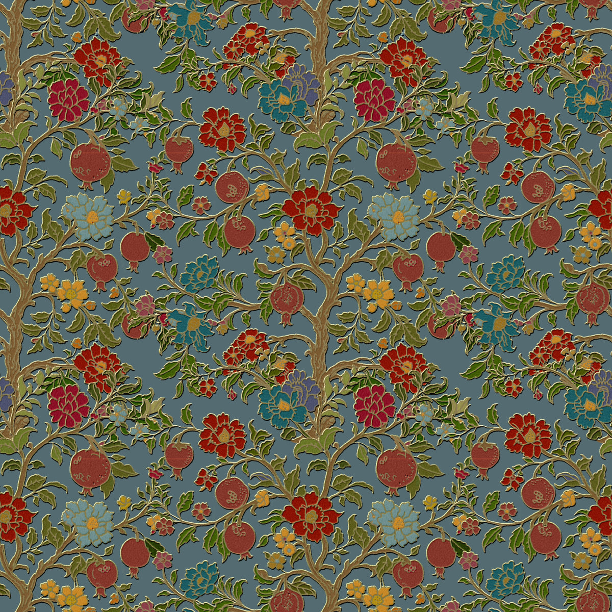 Classic Botanical Pomegranate Teal Wallpaper in your room — zoomed