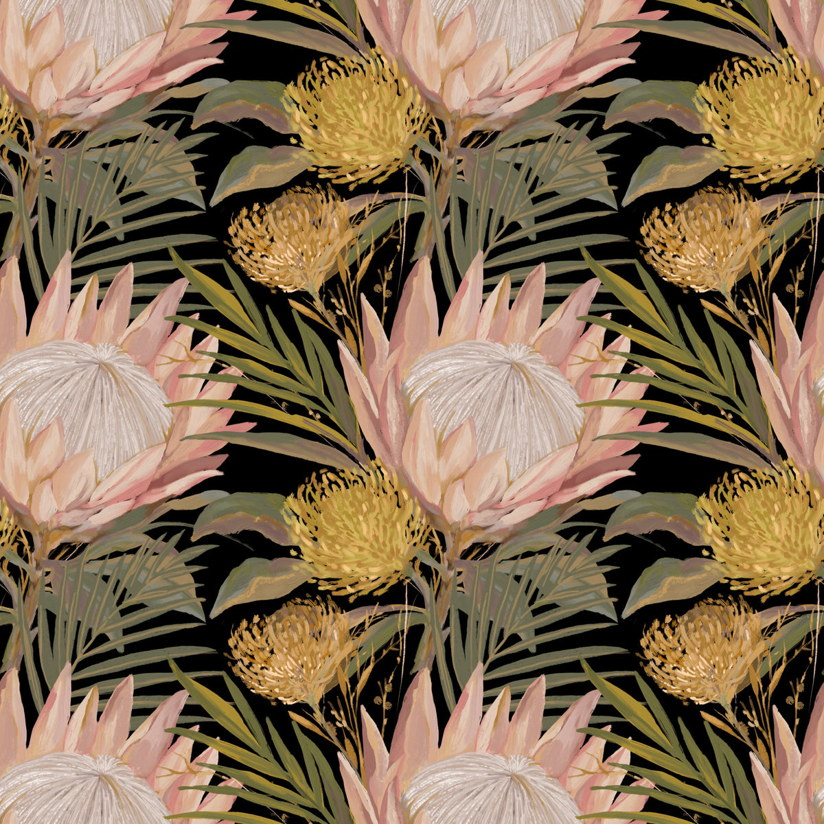 Midnight Protea and Golden Palm Wallpaper