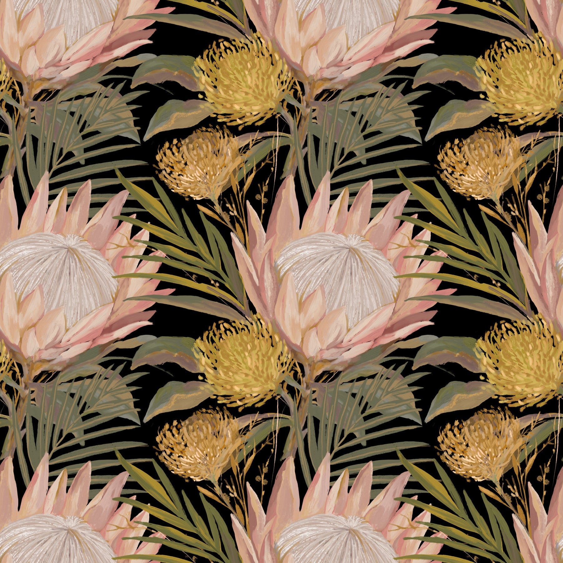 Midnight Protea and Golden Palm Wallpaper