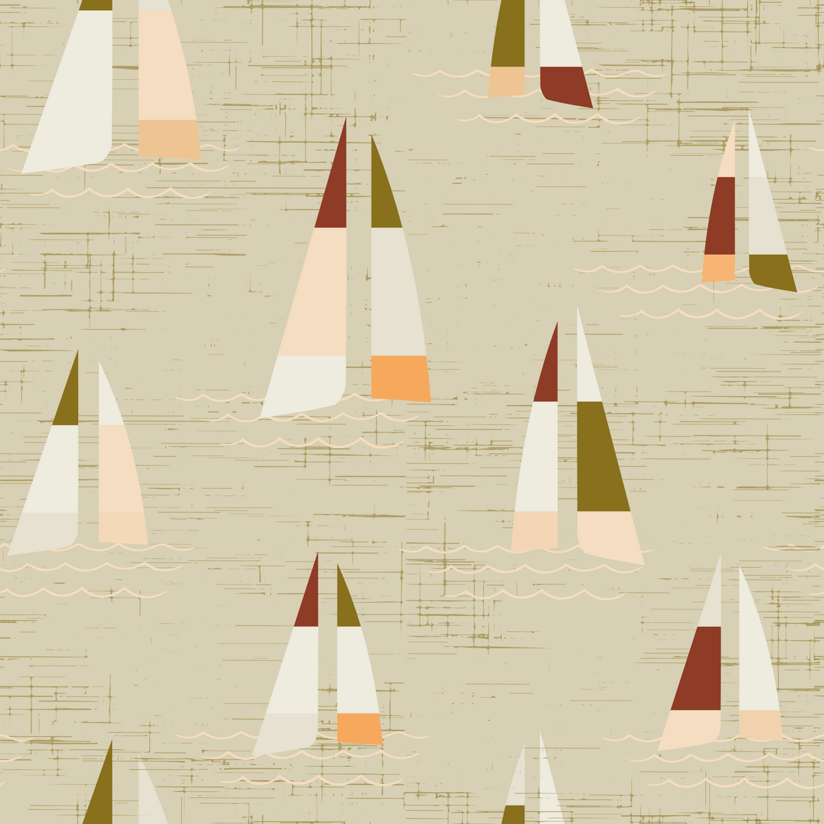 Sand Beige Mid Century Sailboats Wallpaper in your room — zoomed