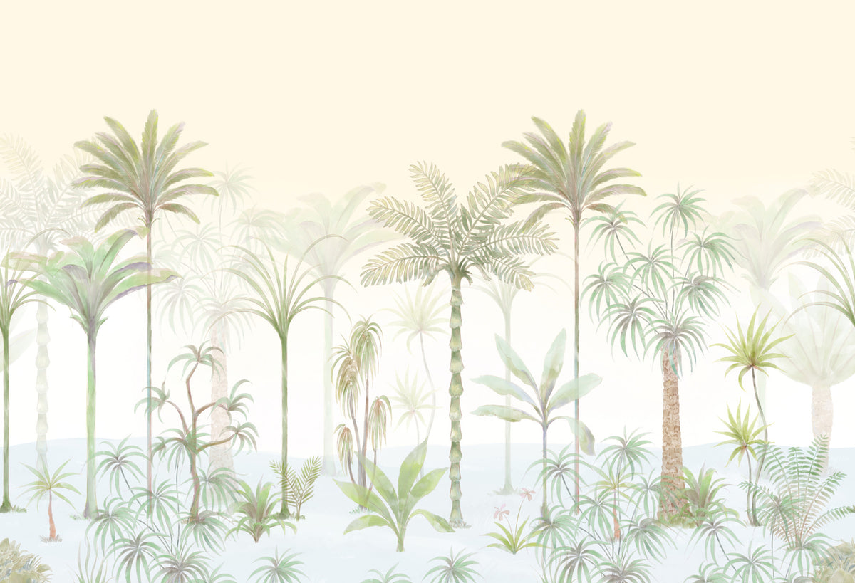 Whispering Palms Watercolor Jungle Wall Mural in your room — zoomed