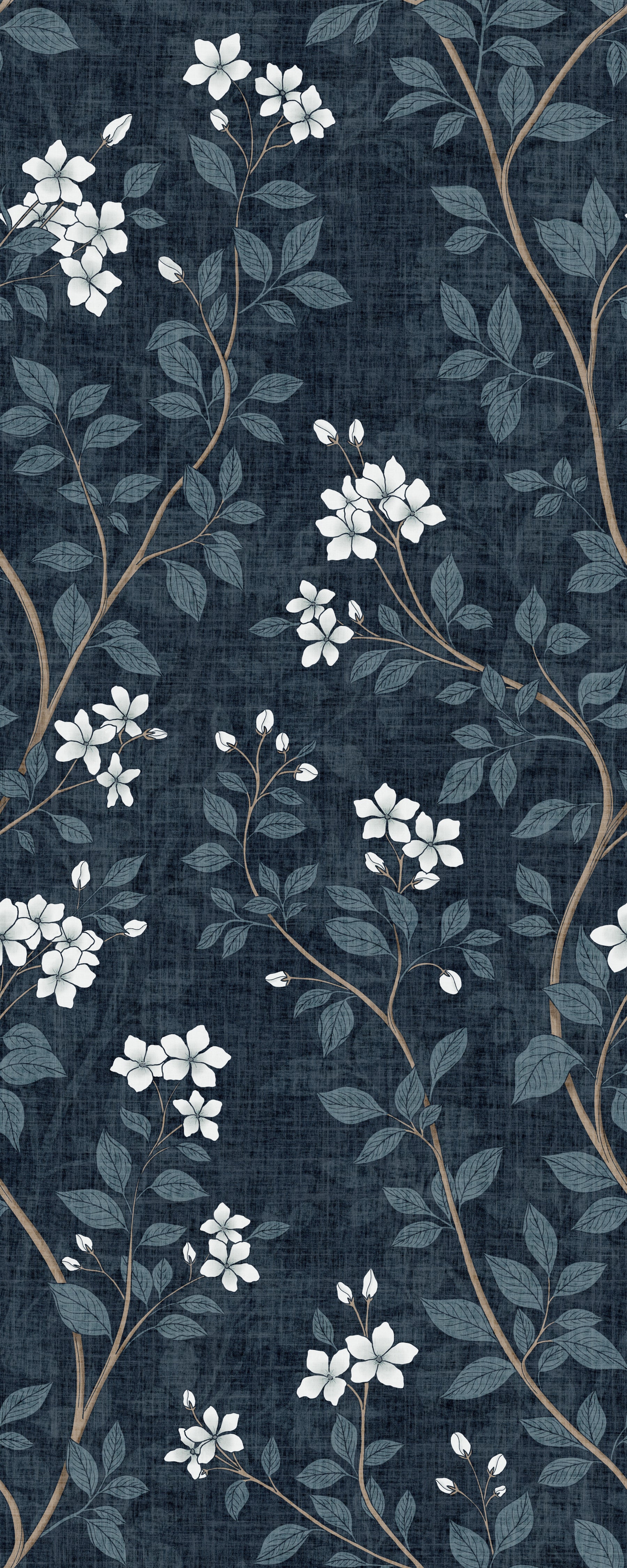 Elegant White Blooms on Indigo Linen Wallpaper⁠