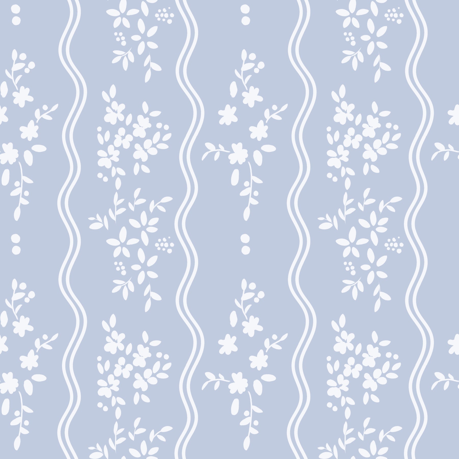 Soft Blue Dainty Floral and Wavy Stripe Wallpaper⁠