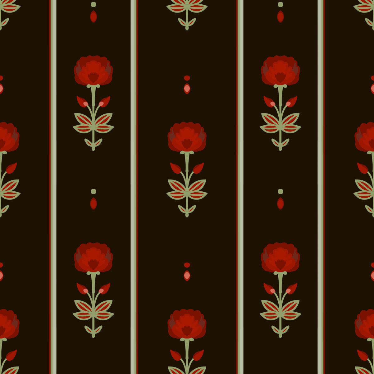 Crimson Folk Art Floral Stripe Wallpaper⁠