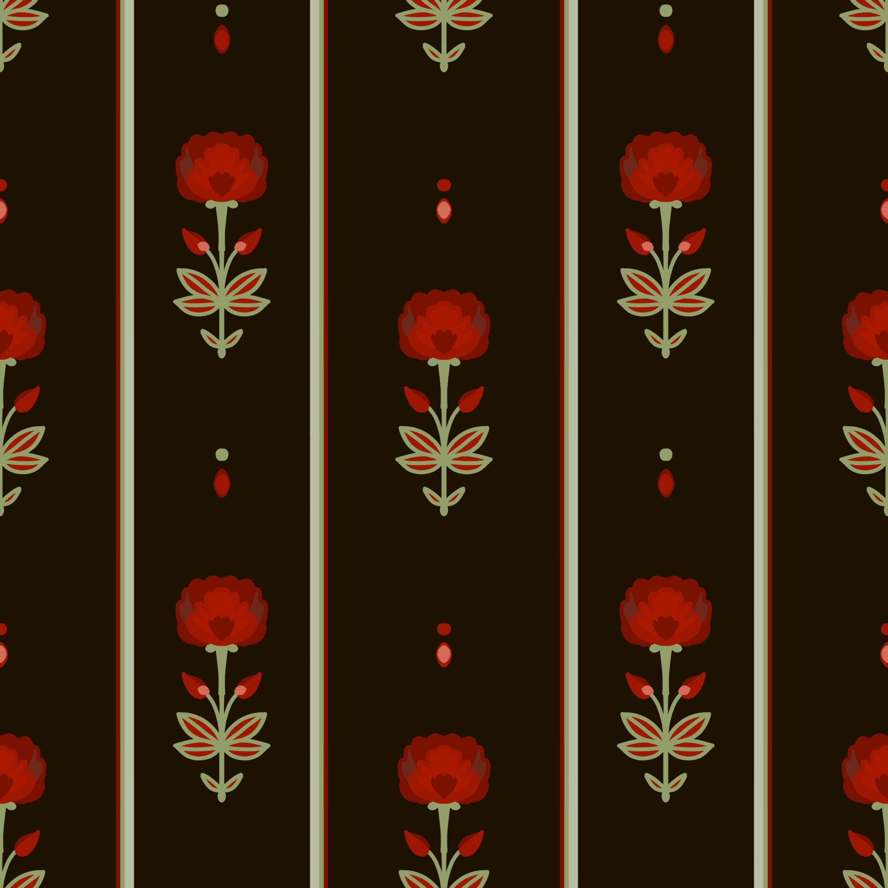 Crimson Folk Art Floral Stripe Wallpaper⁠