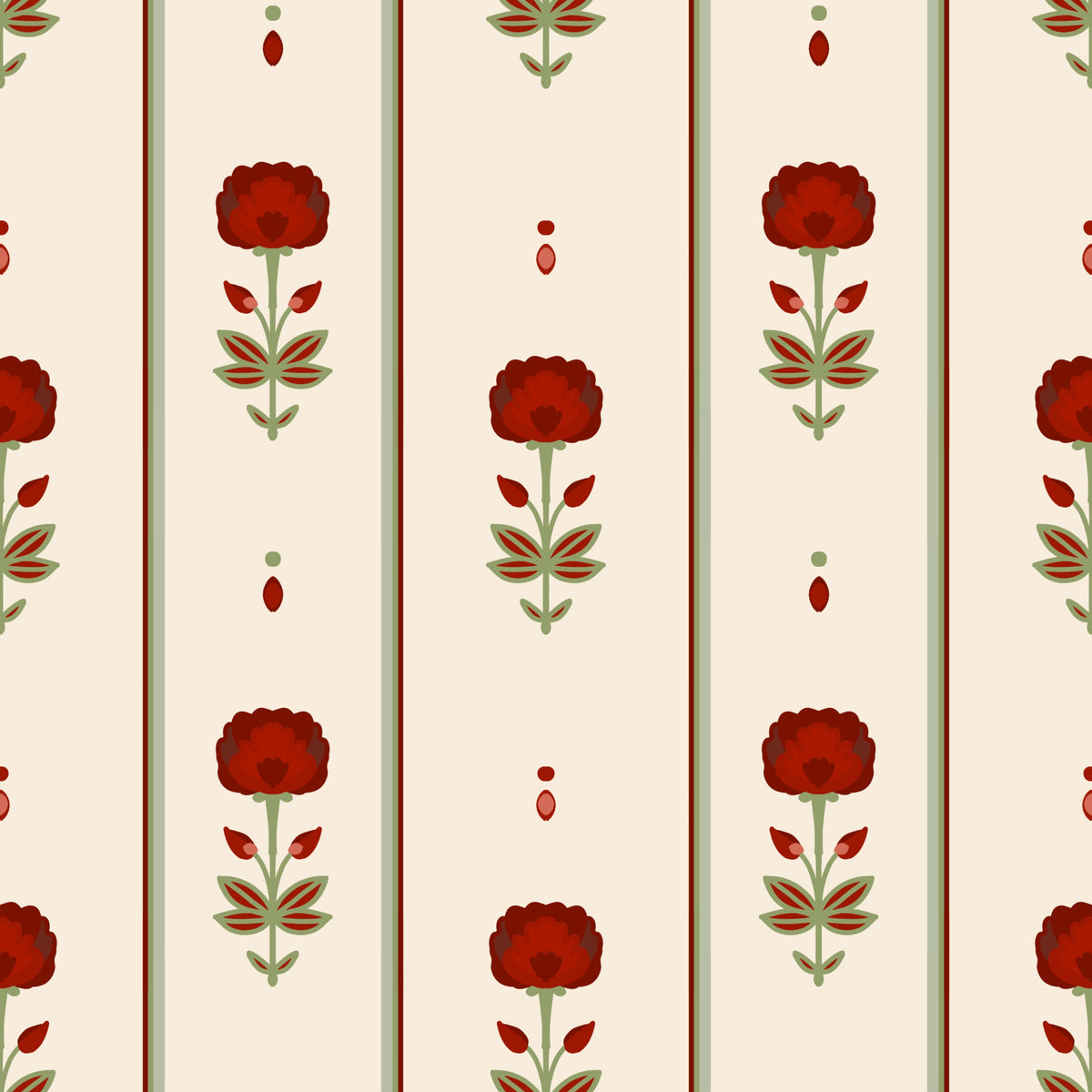 Vintage Heritage Red Floral Stripe Wallpaper⁠