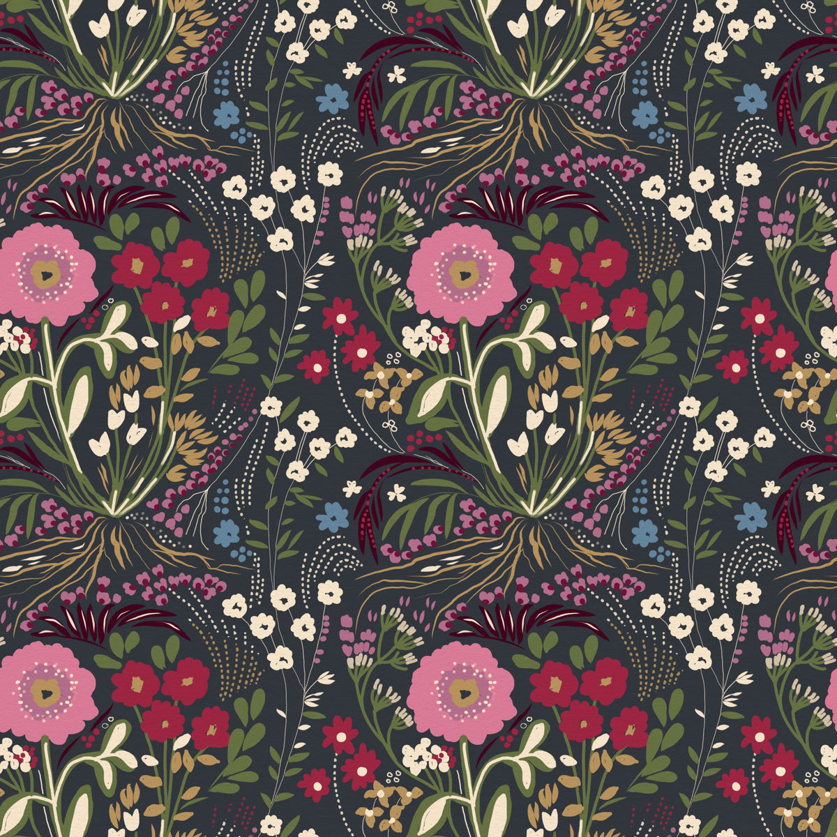 Enchanted Midnight Folk Floral Wallpaper⁠