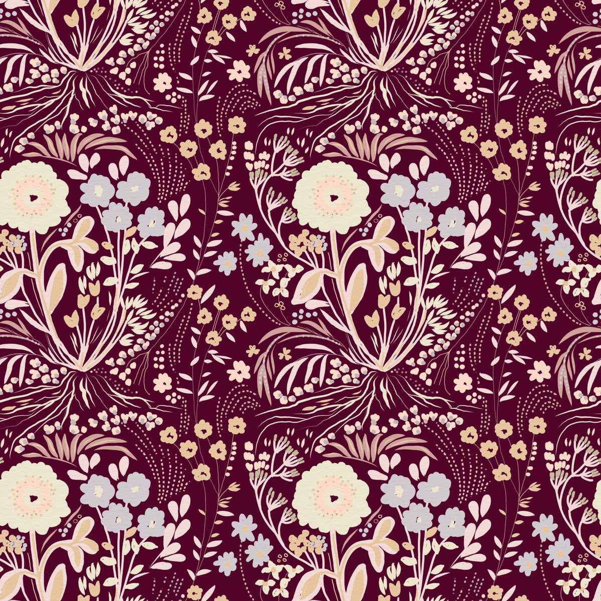 Midnight Wildflower Meadow on Red Wallpaper⁠