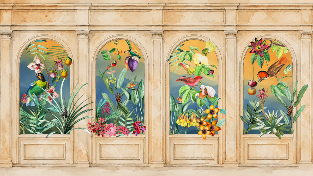 Vintage Archway Tropical Birds Wall Mural