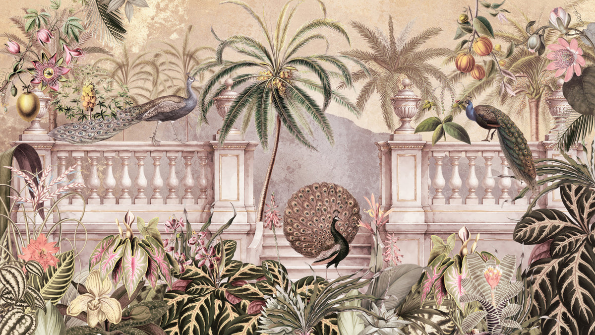 Royal Peacock Garden Wall Mural in your room — zoomed