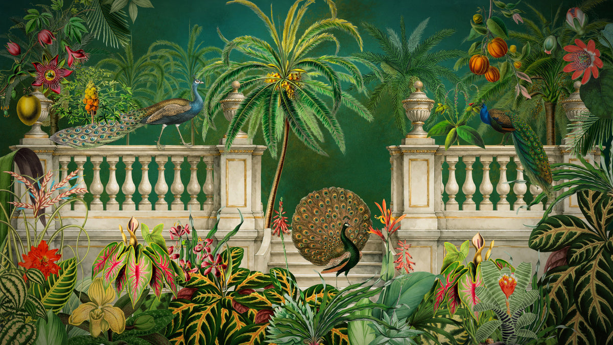 Majestic Peacock and Tropical Balustrade Wall Mural in your room — zoomed