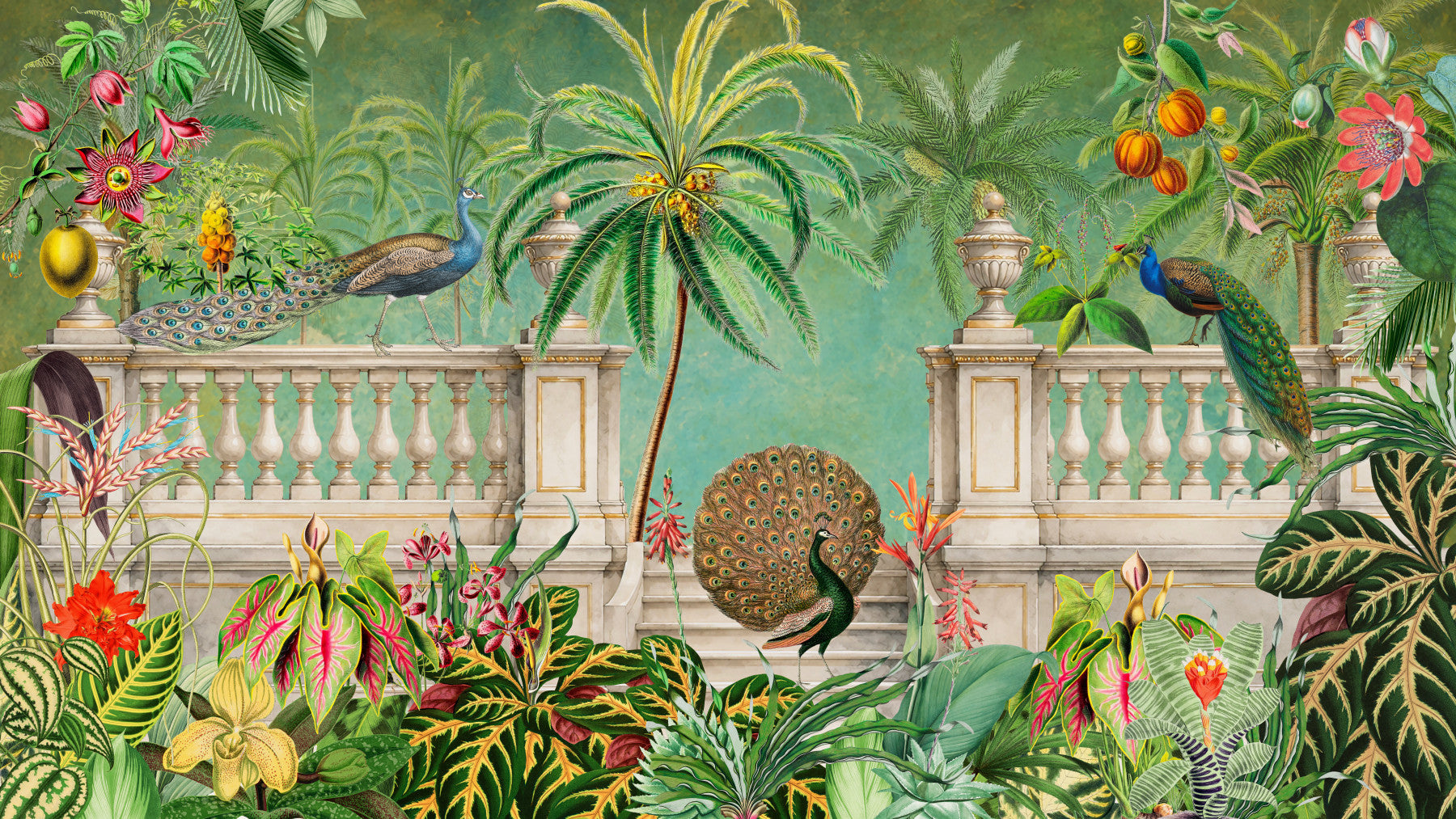 Vintage Peacock Palace Tropical Garden Wall Mural