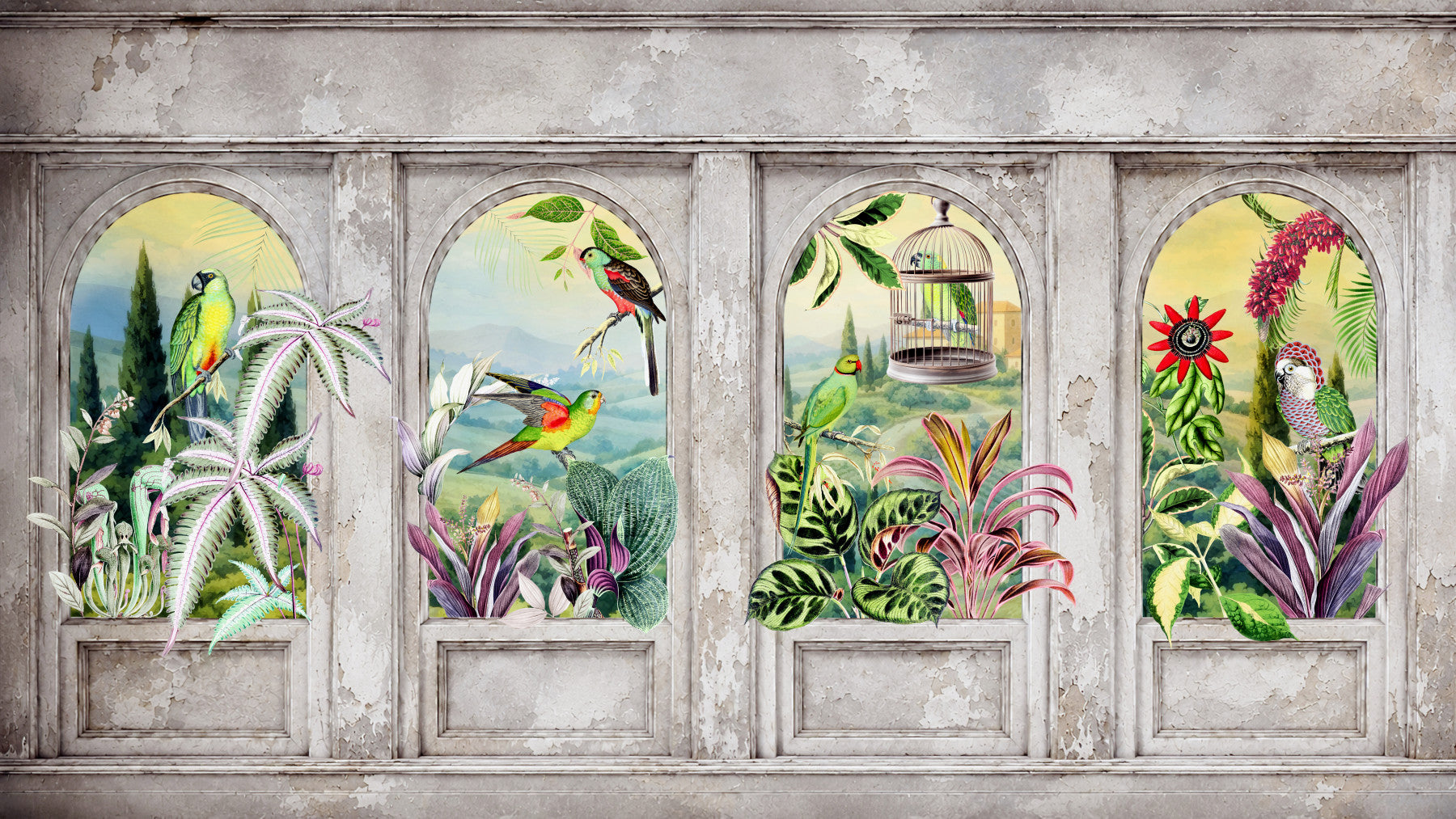Vintage Archways and Tropical Birds Scenic Wall Mural